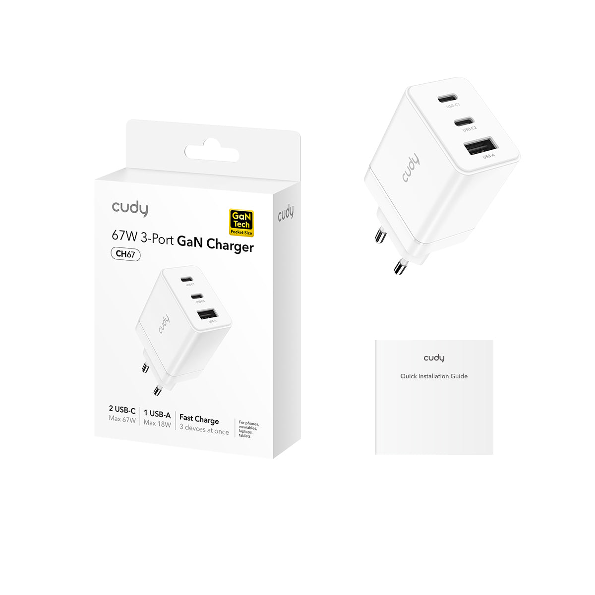 Cudy CH67_EU -  3-Port 67W USB-C Charger with EU Plug view 2