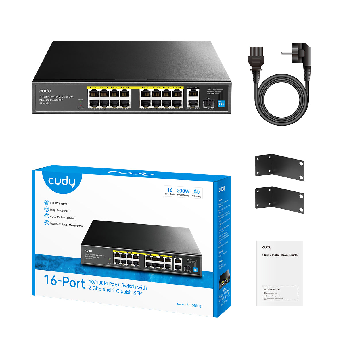 CUDY FS1018PS1 - 16-Port 10/100M PoE+ Switch with 2 Gigabit Uplink and 1 SFP Port 200W view 2