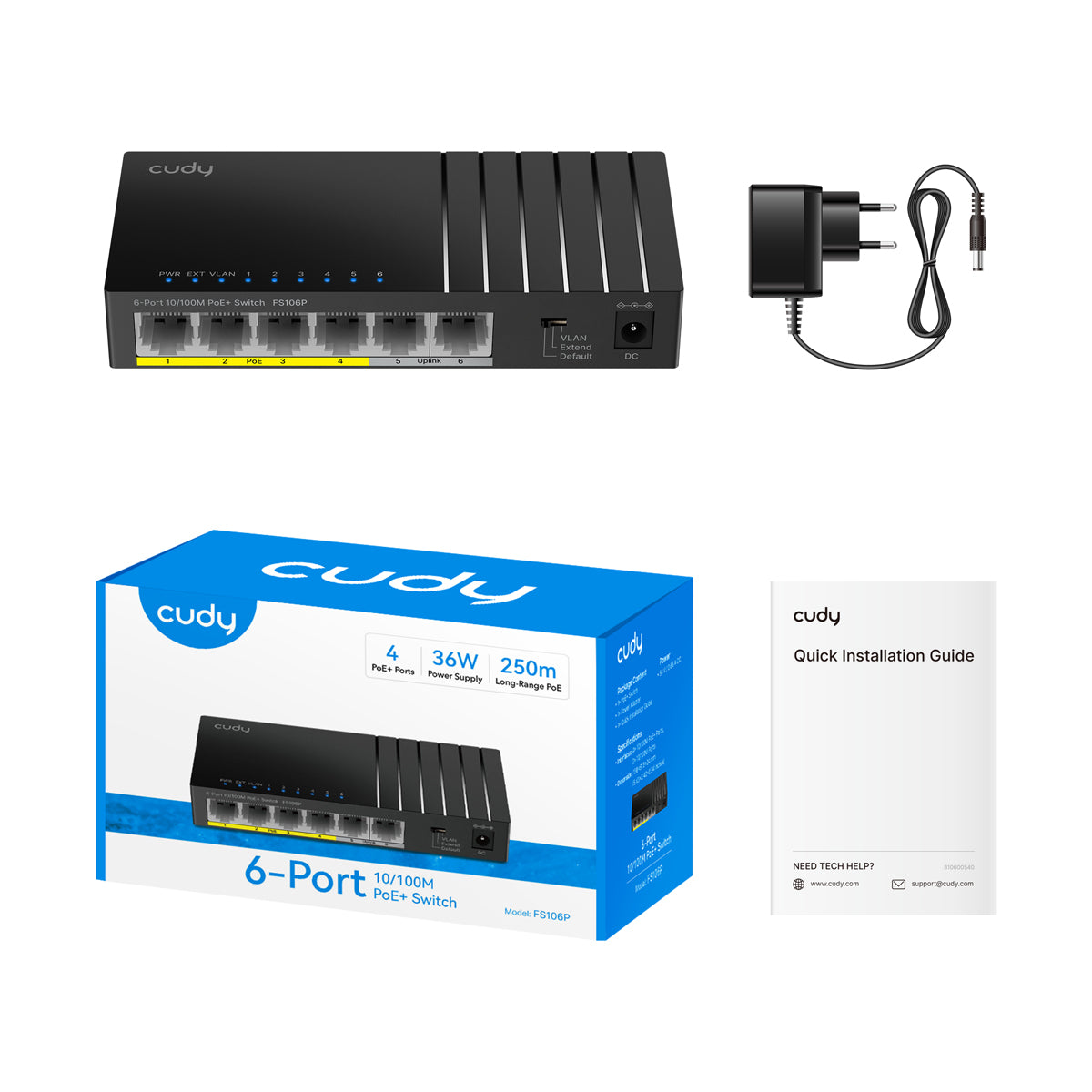 CUDY FS106P - 6-Port 10/100M PoE+ Switch 36W view 2